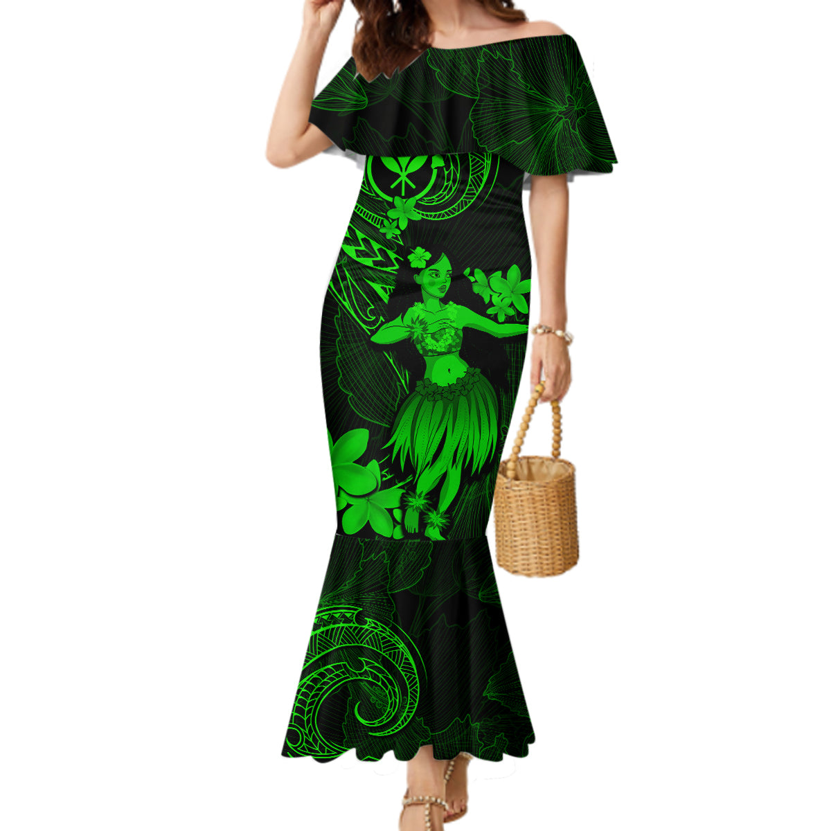 Hawaii Mermaid Dress Hula Girl Mix Polynesian Plumeria Green Version - Wonder Print Shop