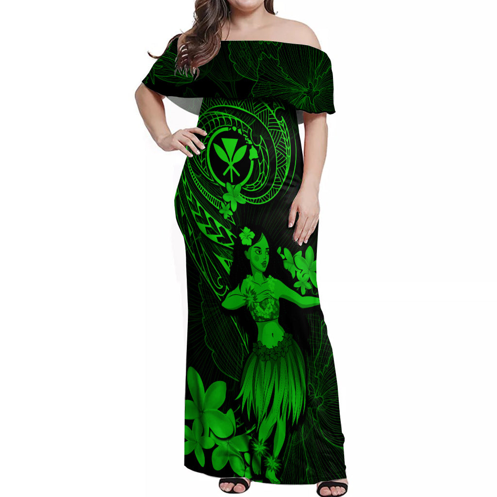 Hawaii Off Shoulder Maxi Dress Hula Girl Mix Polynesian Plumeria Green Version - Wonder Print Shop