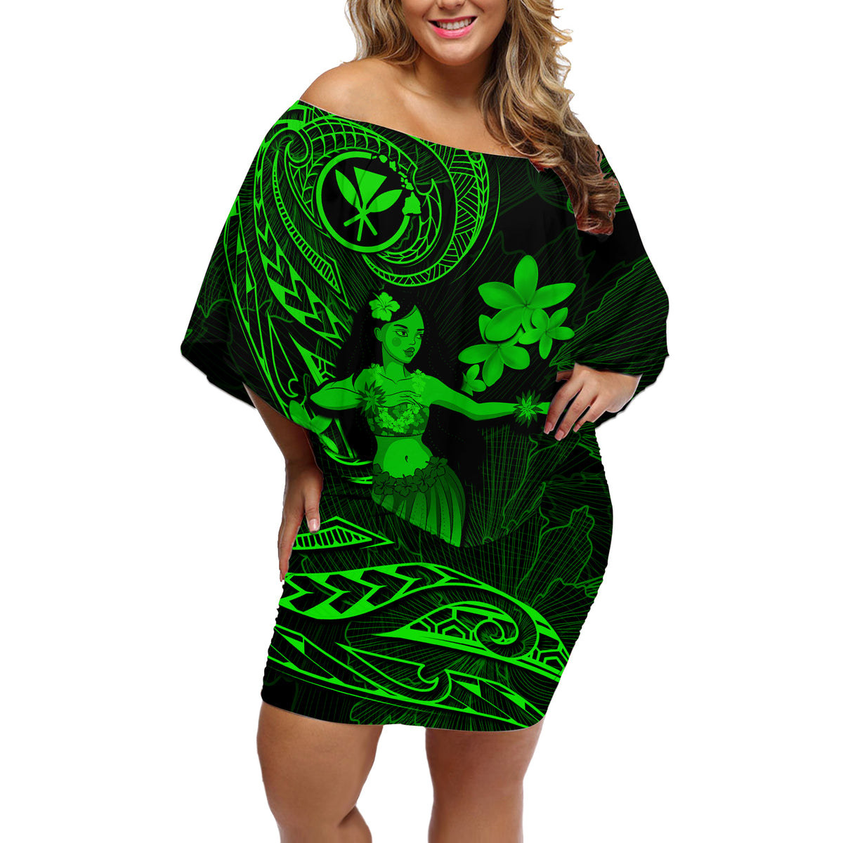 Hawaii Off Shoulder Short Dress Hula Girl Mix Polynesian Plumeria Green Version - Wonder Print Shop