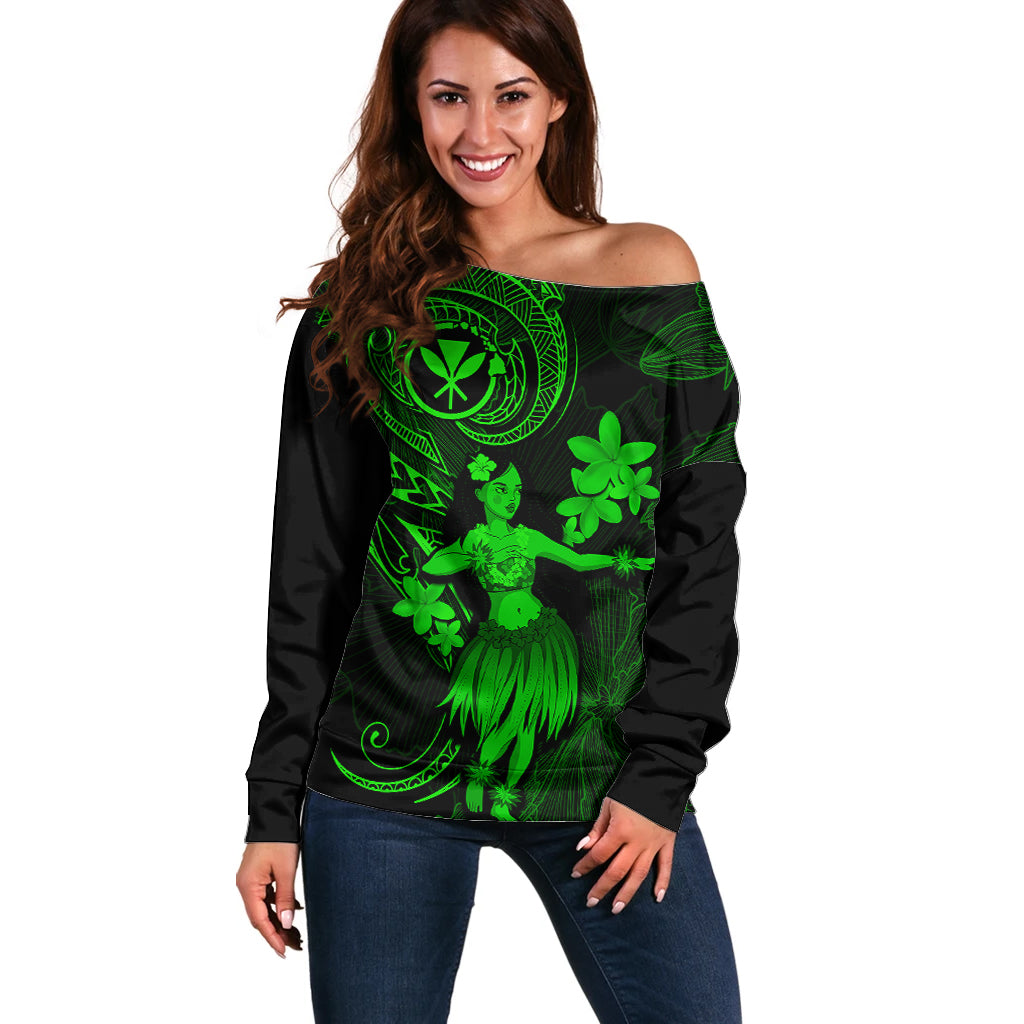 Hawaii Off Shoulder Sweater Hula Girl Mix Polynesian Plumeria Green Version - Wonder Print Shop