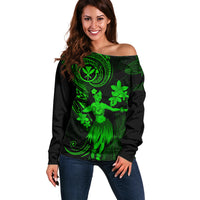 Hawaii Off Shoulder Sweater Hula Girl Mix Polynesian Plumeria Green Version - Wonder Print Shop