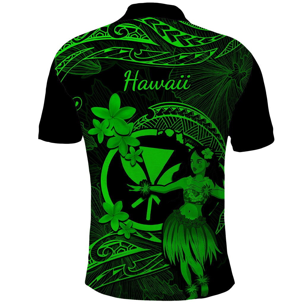 Hawaii Polo Shirt Hula Girl Mix Polynesian Plumeria Green Version - Wonder Print Shop