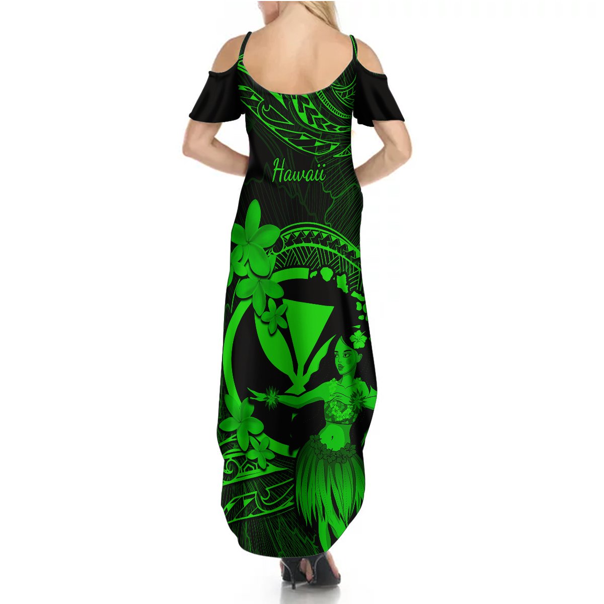 Hawaii Summer Maxi Dress Hula Girl Mix Polynesian Plumeria Green Version - Wonder Print Shop