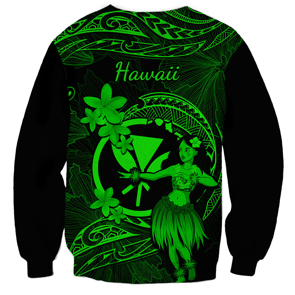 Hawaii Sweatshirt Hula Girl Mix Polynesian Plumeria Green Version - Wonder Print Shop