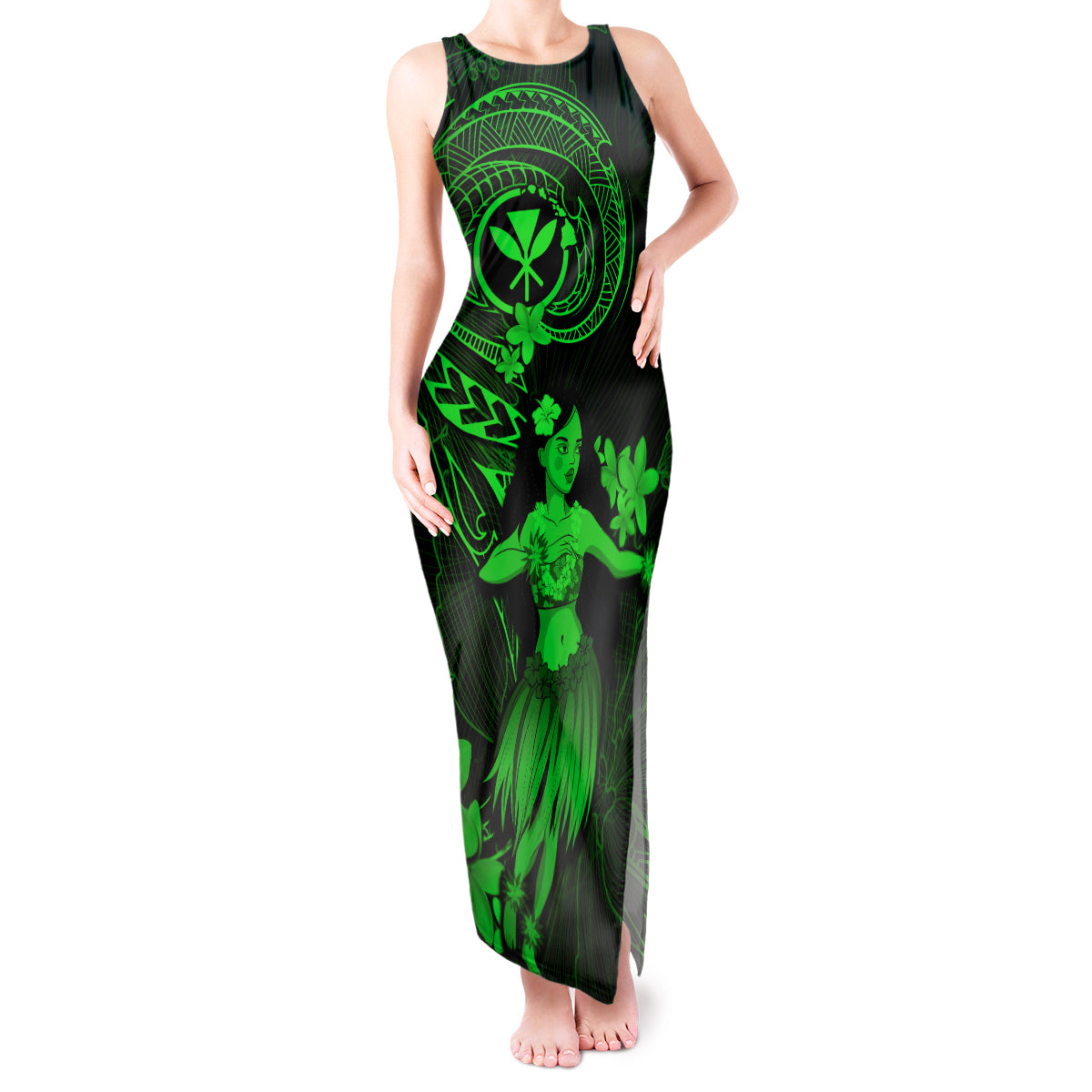 Hawaii Tank Maxi Dress Hula Girl Mix Polynesian Plumeria Green Version - Wonder Print Shop