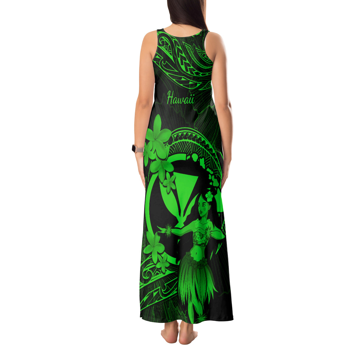 Hawaii Tank Maxi Dress Hula Girl Mix Polynesian Plumeria Green Version - Wonder Print Shop