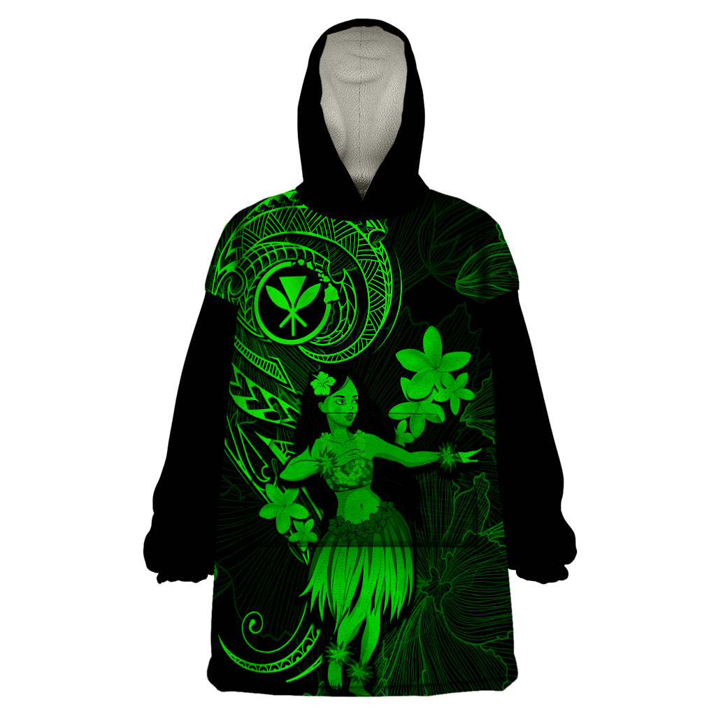 Hawaii Wearable Blanket Hoodie Hula Girl Mix Polynesian Plumeria Green Version - Wonder Print Shop