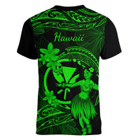 Hawaii Women V Neck T Shirt Hula Girl Mix Polynesian Plumeria Green Version - Wonder Print Shop