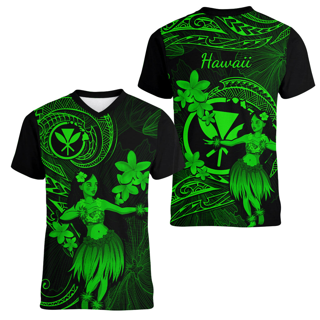 Hawaii Women V Neck T Shirt Hula Girl Mix Polynesian Plumeria Green Version - Wonder Print Shop