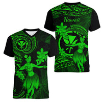 Hawaii Women V Neck T Shirt Hula Girl Mix Polynesian Plumeria Green Version - Wonder Print Shop