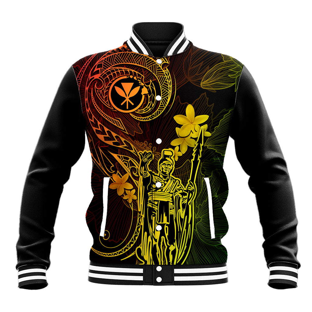 Hawaii Baseball Jacket King Kamehameha Mix Polynesian Plumeria Reggae Version - Wonder Print Shop