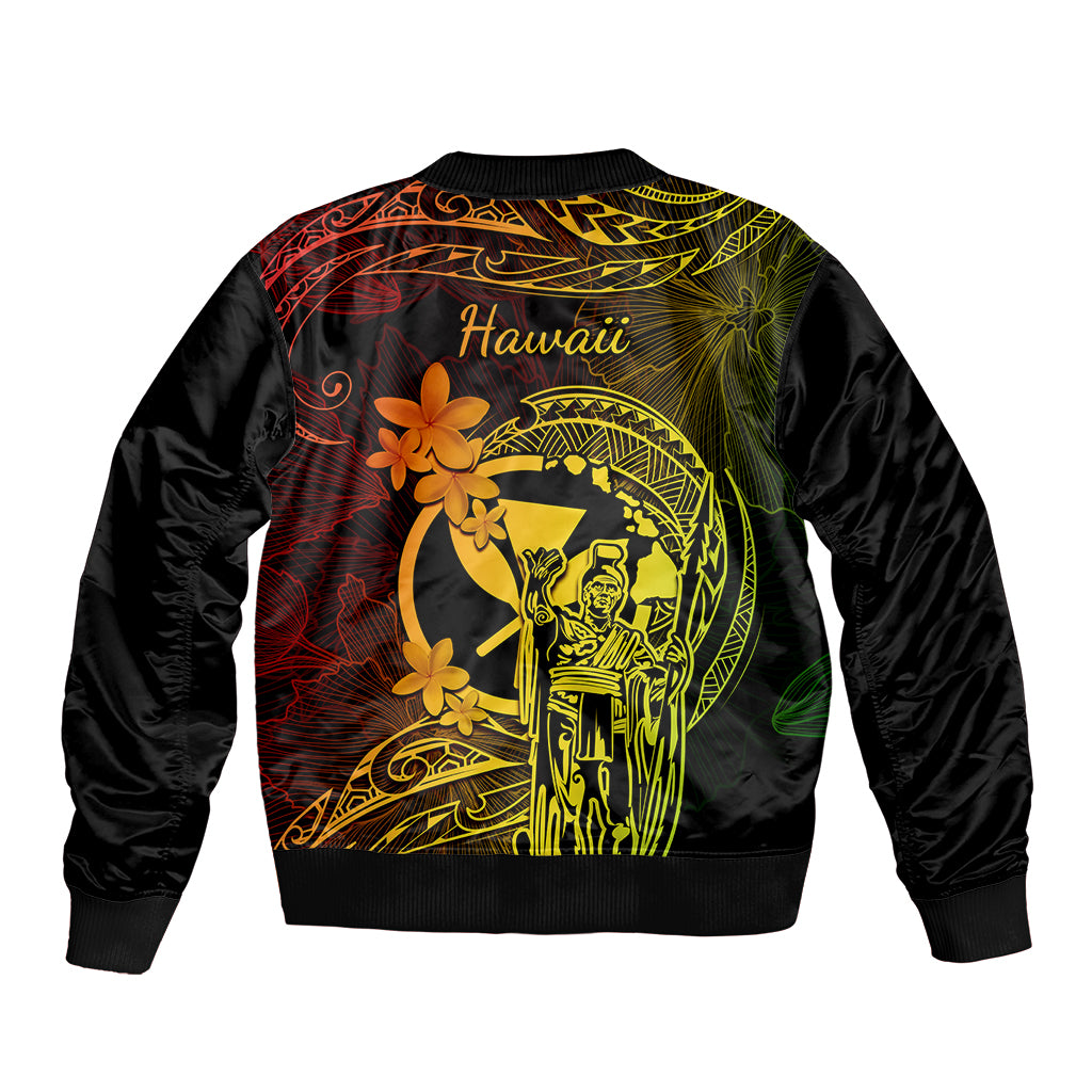 Hawaii Bomber Jacket King Kamehameha Mix Polynesian Plumeria Reggae Version - Wonder Print Shop