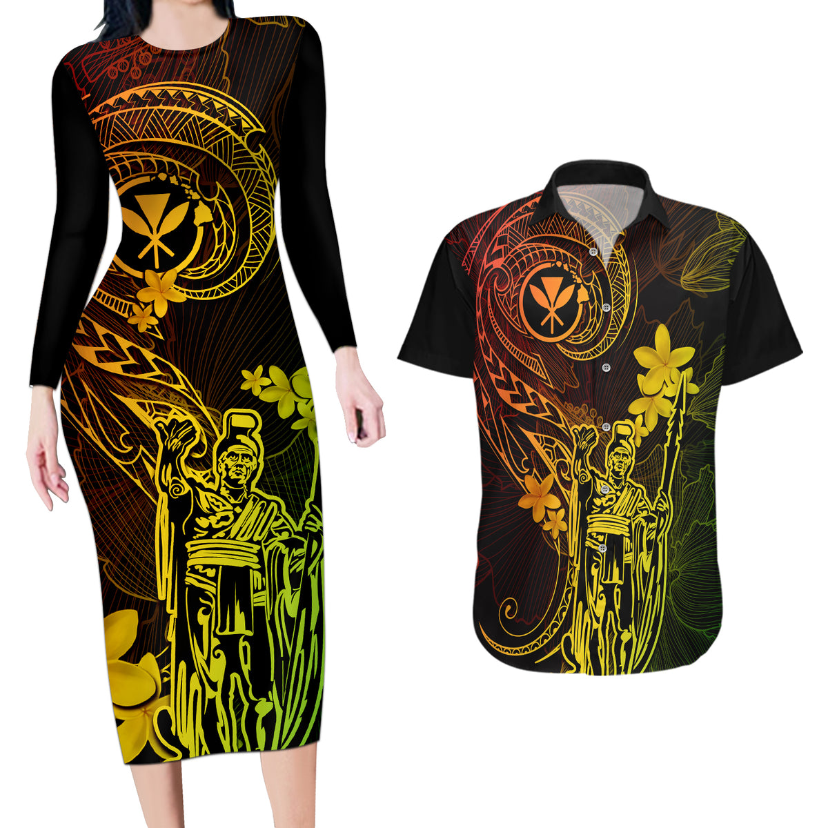 Hawaii Couples Matching Long Sleeve Bodycon Dress and Hawaiian Shirt King Kamehameha Mix Polynesian Plumeria Reggae Version - Wonder Print Shop