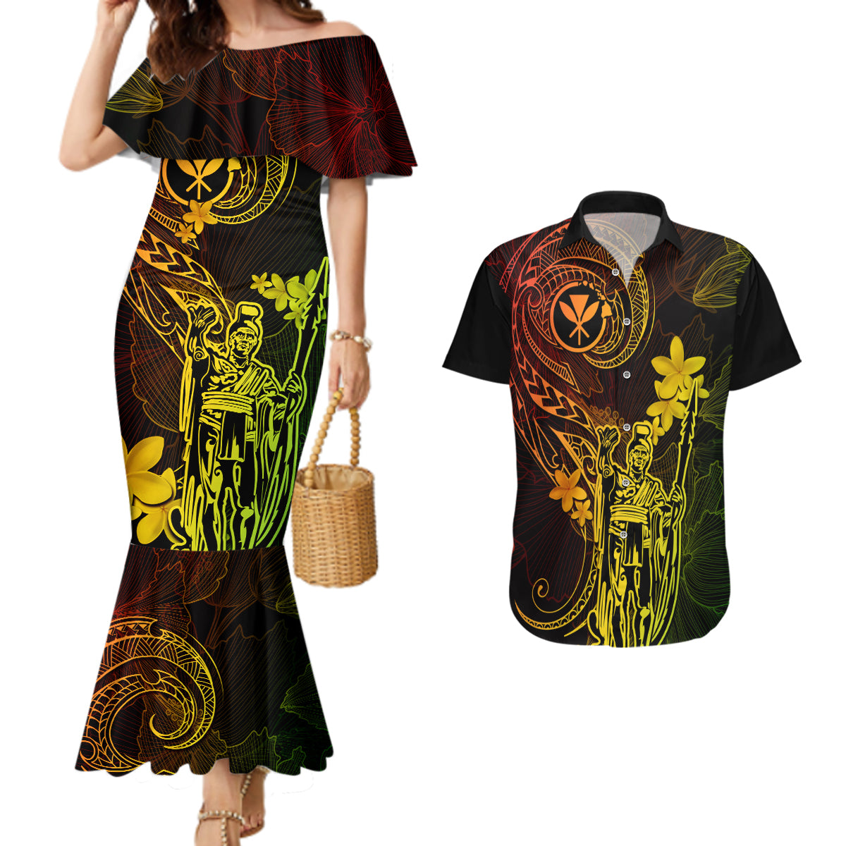 Hawaii Couples Matching Mermaid Dress and Hawaiian Shirt King Kamehameha Mix Polynesian Plumeria Reggae Version - Wonder Print Shop