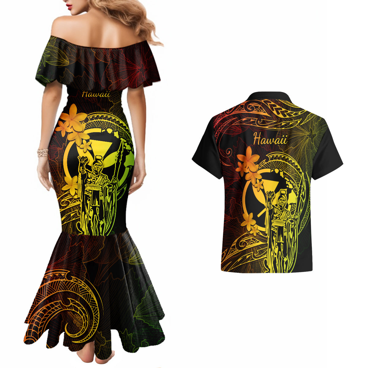 Hawaii Couples Matching Mermaid Dress and Hawaiian Shirt King Kamehameha Mix Polynesian Plumeria Reggae Version - Wonder Print Shop