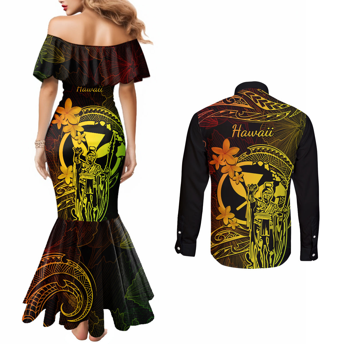 hawaii-couples-matching-mermaid-dress-and-long-sleeve-button-shirts-king-kamehameha-mix-polynesian-plumeria-reggae-version