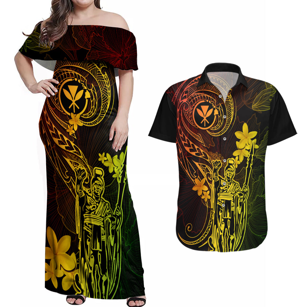 Hawaii Couples Matching Off Shoulder Maxi Dress and Hawaiian Shirt King Kamehameha Mix Polynesian Plumeria Reggae Version - Wonder Print Shop