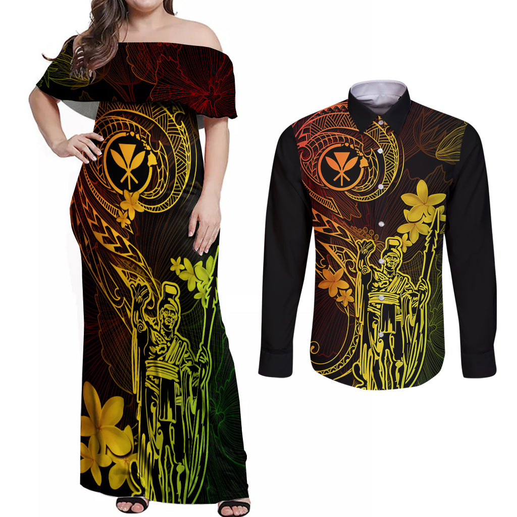 Hawaii Couples Matching Off Shoulder Maxi Dress and Long Sleeve Button Shirts King Kamehameha Mix Polynesian Plumeria Reggae Version - Wonder Print Shop