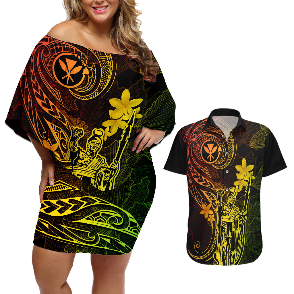 Hawaii Couples Matching Off Shoulder Short Dress and Hawaiian Shirt King Kamehameha Mix Polynesian Plumeria Reggae Version - Wonder Print Shop