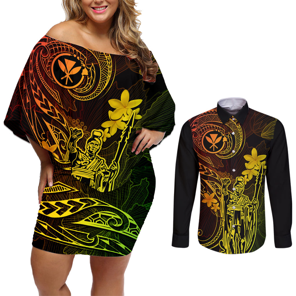 Hawaii Couples Matching Off Shoulder Short Dress and Long Sleeve Button Shirts King Kamehameha Mix Polynesian Plumeria Reggae Version - Wonder Print Shop