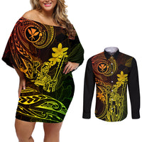 Hawaii Couples Matching Off Shoulder Short Dress and Long Sleeve Button Shirts King Kamehameha Mix Polynesian Plumeria Reggae Version - Wonder Print Shop