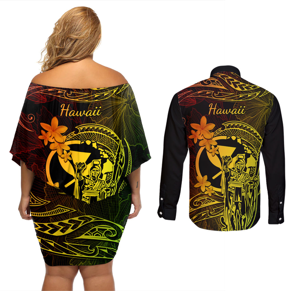 Hawaii Couples Matching Off Shoulder Short Dress and Long Sleeve Button Shirts King Kamehameha Mix Polynesian Plumeria Reggae Version - Wonder Print Shop