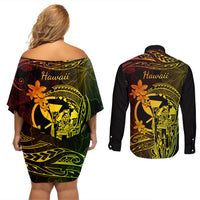 Hawaii Couples Matching Off Shoulder Short Dress and Long Sleeve Button Shirts King Kamehameha Mix Polynesian Plumeria Reggae Version - Wonder Print Shop