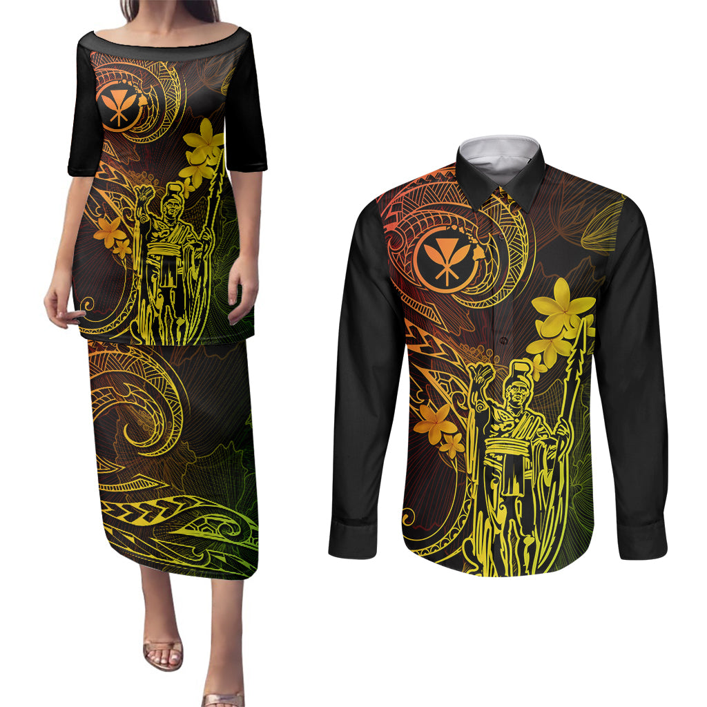 Hawaii Couples Matching Puletasi Dress and Long Sleeve Button Shirts King Kamehameha Mix Polynesian Plumeria Reggae Version - Wonder Print Shop