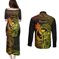 Hawaii Couples Matching Puletasi Dress and Long Sleeve Button Shirts King Kamehameha Mix Polynesian Plumeria Reggae Version - Wonder Print Shop