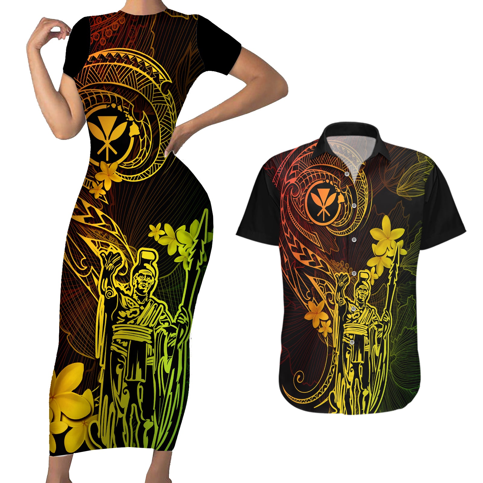 Hawaii Couples Matching Short Sleeve Bodycon Dress and Hawaiian Shirt King Kamehameha Mix Polynesian Plumeria Reggae Version - Wonder Print Shop