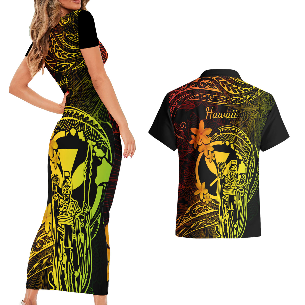 Hawaii Couples Matching Short Sleeve Bodycon Dress and Hawaiian Shirt King Kamehameha Mix Polynesian Plumeria Reggae Version - Wonder Print Shop
