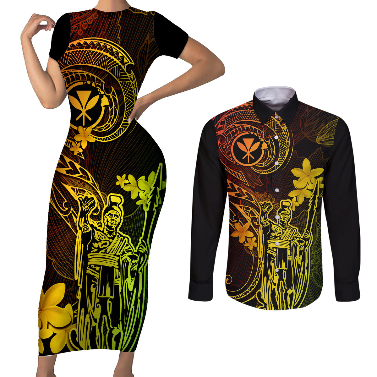 Hawaii Couples Matching Short Sleeve Bodycon Dress and Long Sleeve Button Shirts King Kamehameha Mix Polynesian Plumeria Reggae Version - Wonder Print Shop