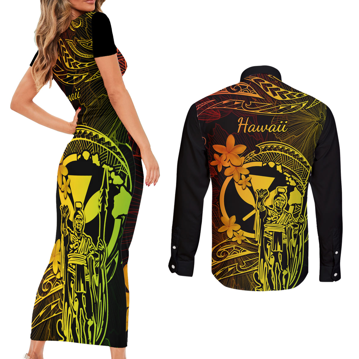 Hawaii Couples Matching Short Sleeve Bodycon Dress and Long Sleeve Button Shirts King Kamehameha Mix Polynesian Plumeria Reggae Version - Wonder Print Shop