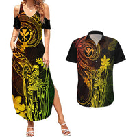 Hawaii Couples Matching Summer Maxi Dress and Hawaiian Shirt King Kamehameha Mix Polynesian Plumeria Reggae Version - Wonder Print Shop