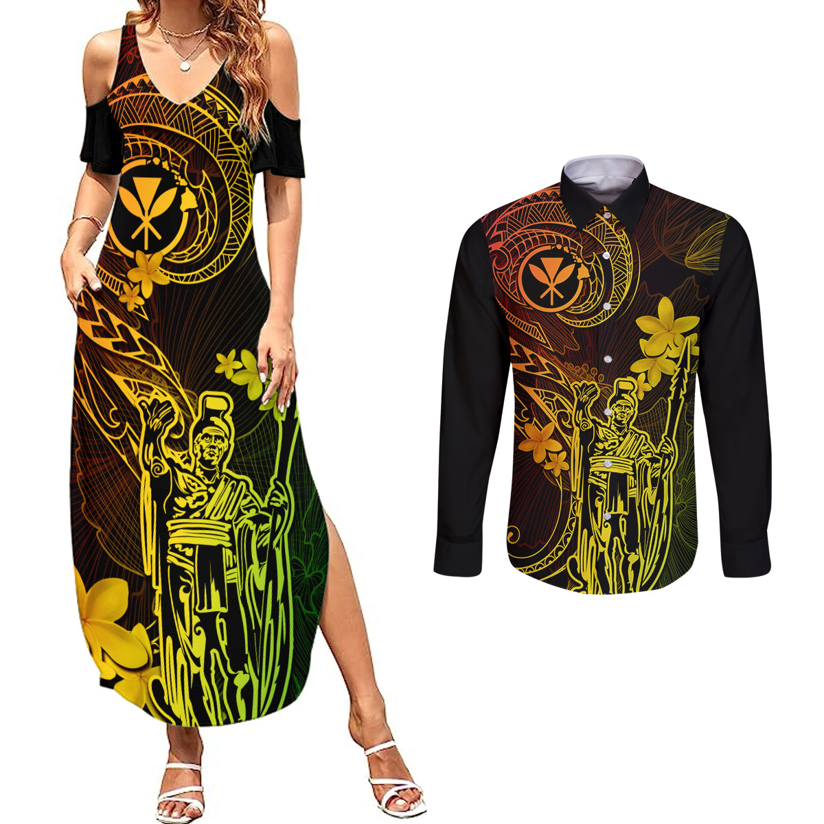 Hawaii Couples Matching Summer Maxi Dress and Long Sleeve Button Shirts King Kamehameha Mix Polynesian Plumeria Reggae Version - Wonder Print Shop