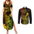Hawaii Couples Matching Summer Maxi Dress and Long Sleeve Button Shirts King Kamehameha Mix Polynesian Plumeria Reggae Version - Wonder Print Shop
