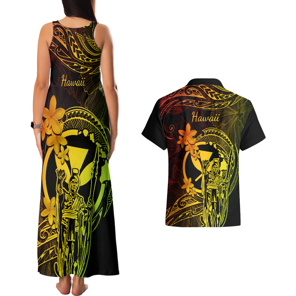 Hawaii Couples Matching Tank Maxi Dress and Hawaiian Shirt King Kamehameha Mix Polynesian Plumeria Reggae Version - Wonder Print Shop