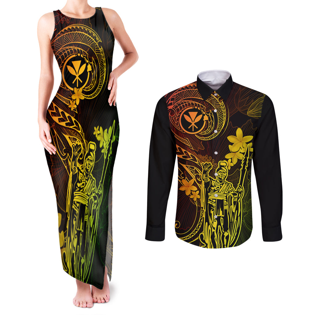 Hawaii Couples Matching Tank Maxi Dress and Long Sleeve Button Shirts King Kamehameha Mix Polynesian Plumeria Reggae Version - Wonder Print Shop