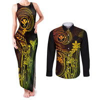Hawaii Couples Matching Tank Maxi Dress and Long Sleeve Button Shirts King Kamehameha Mix Polynesian Plumeria Reggae Version - Wonder Print Shop