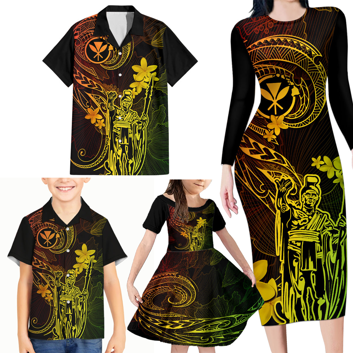 Hawaii Family Matching Long Sleeve Bodycon Dress and Hawaiian Shirt King Kamehameha Mix Polynesian Plumeria Reggae Version - Wonder Print Shop