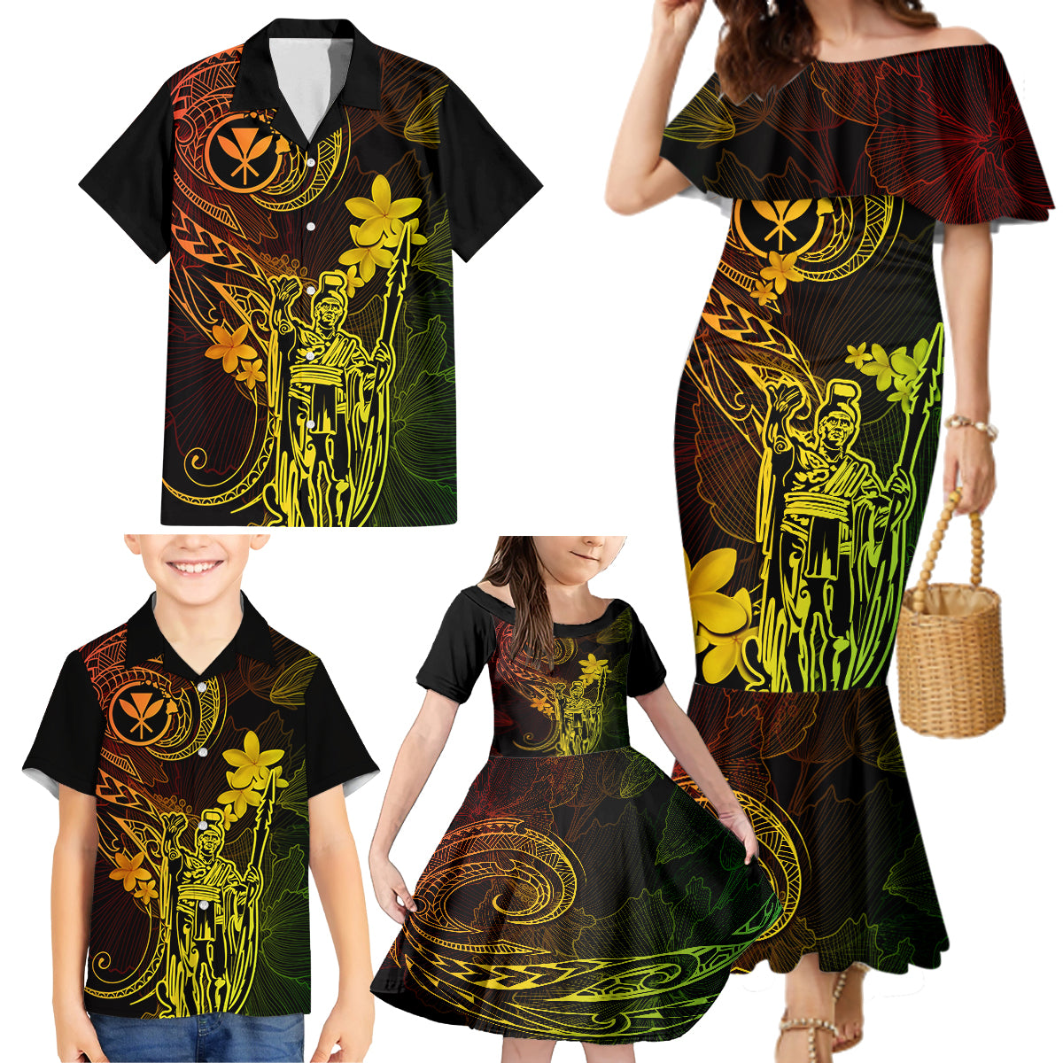 Hawaii Family Matching Mermaid Dress and Hawaiian Shirt King Kamehameha Mix Polynesian Plumeria Reggae Version - Wonder Print Shop