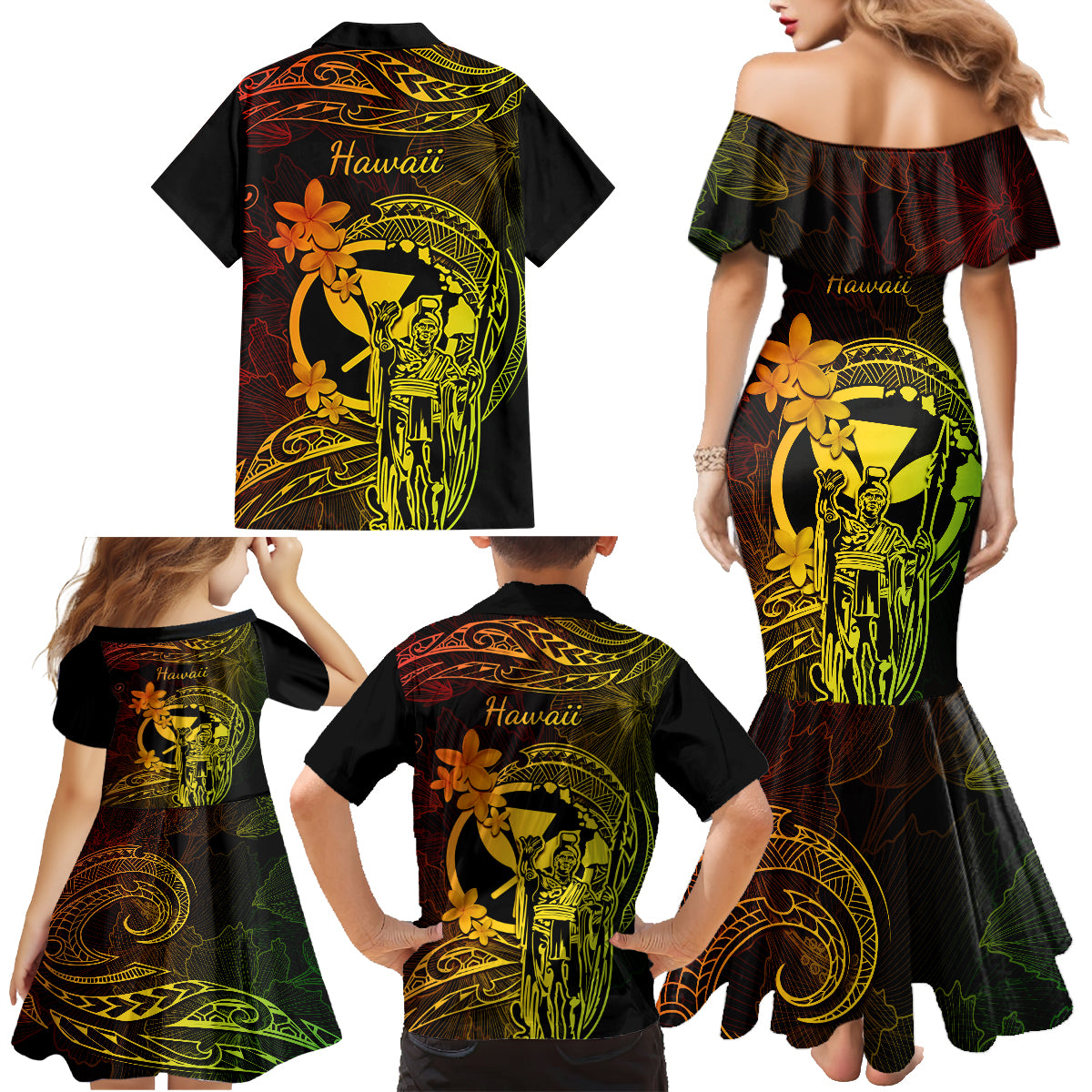 Hawaii Family Matching Mermaid Dress and Hawaiian Shirt King Kamehameha Mix Polynesian Plumeria Reggae Version - Wonder Print Shop