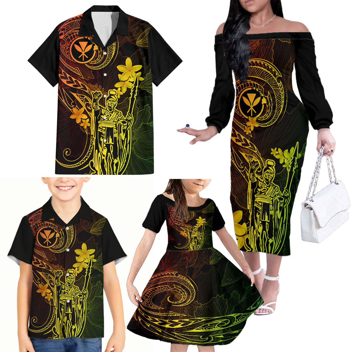 Hawaii Family Matching Off Shoulder Long Sleeve Dress and Hawaiian Shirt King Kamehameha Mix Polynesian Plumeria Reggae Version - Wonder Print Shop
