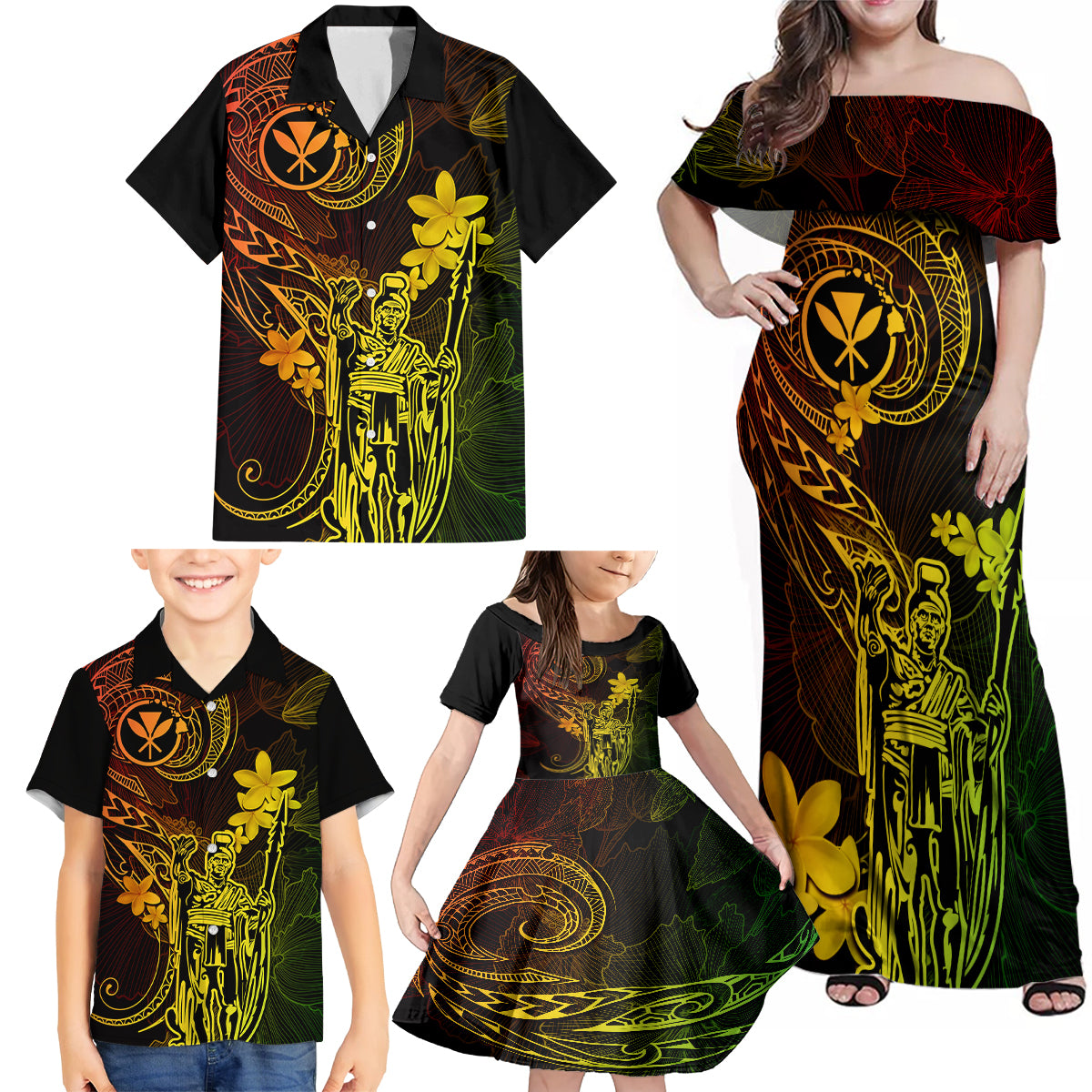 Hawaii Family Matching Off Shoulder Maxi Dress and Hawaiian Shirt King Kamehameha Mix Polynesian Plumeria Reggae Version - Wonder Print Shop