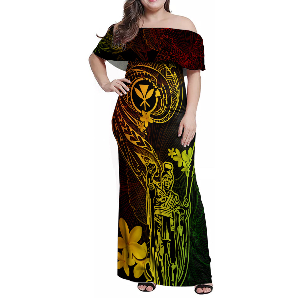 Hawaii Family Matching Off Shoulder Maxi Dress and Hawaiian Shirt King Kamehameha Mix Polynesian Plumeria Reggae Version - Wonder Print Shop