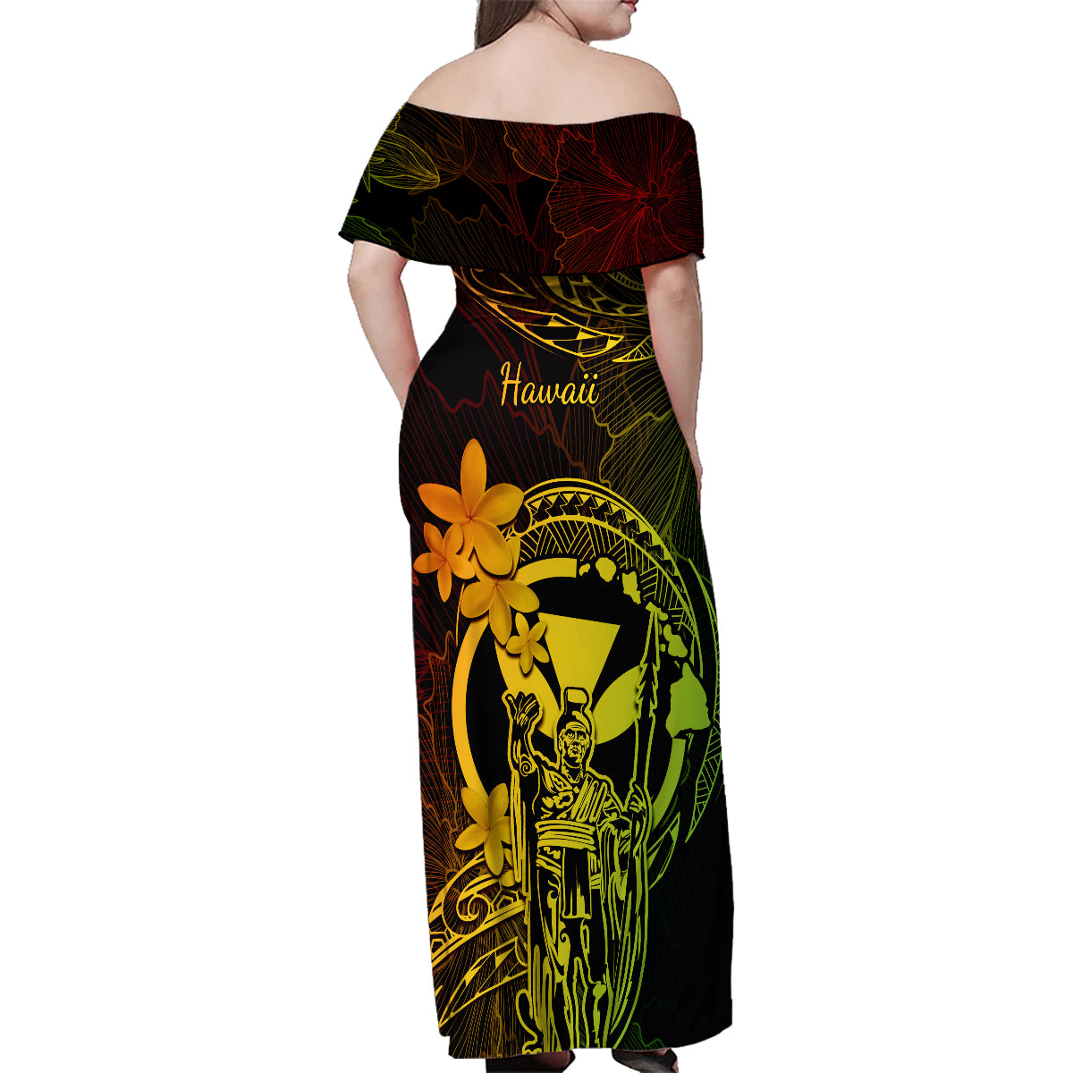 Hawaii Family Matching Off Shoulder Maxi Dress and Hawaiian Shirt King Kamehameha Mix Polynesian Plumeria Reggae Version - Wonder Print Shop