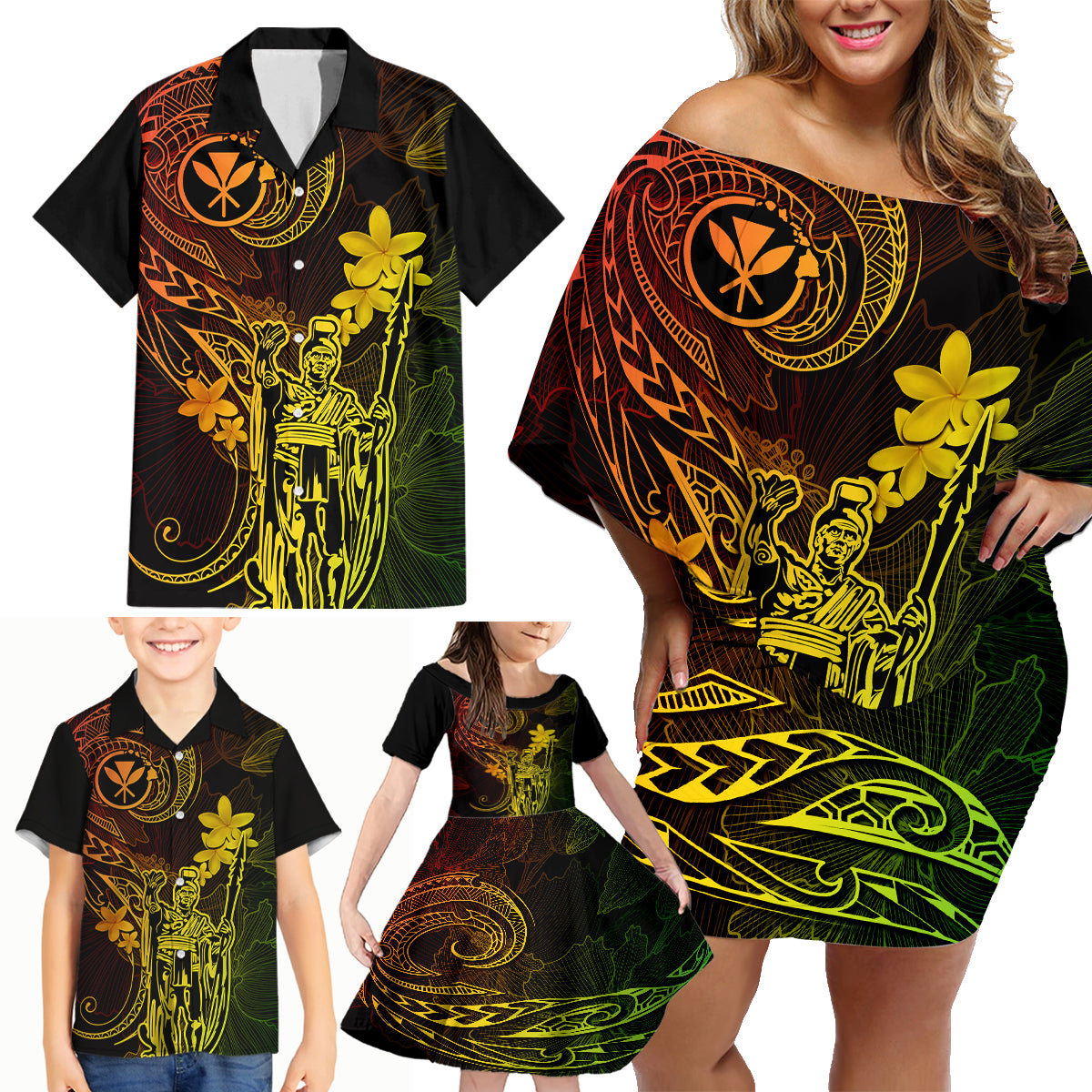 Hawaii Family Matching Off Shoulder Short Dress and Hawaiian Shirt King Kamehameha Mix Polynesian Plumeria Reggae Version - Wonder Print Shop