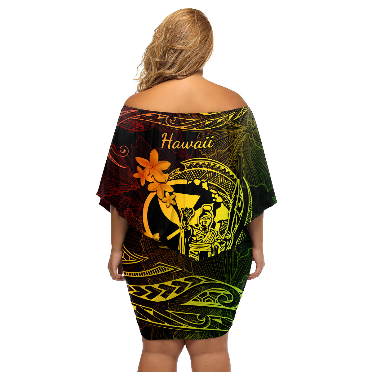 Hawaii Family Matching Off Shoulder Short Dress and Hawaiian Shirt King Kamehameha Mix Polynesian Plumeria Reggae Version - Wonder Print Shop
