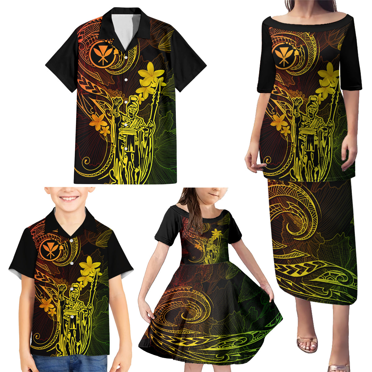 Hawaii Family Matching Puletasi Dress and Hawaiian Shirt King Kamehameha Mix Polynesian Plumeria Reggae Version - Wonder Print Shop