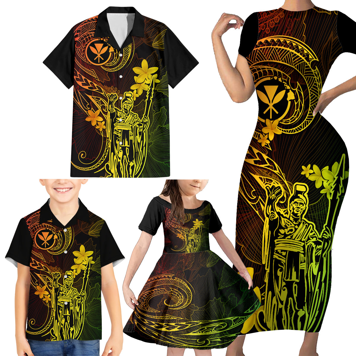 Hawaii Family Matching Short Sleeve Bodycon Dress and Hawaiian Shirt King Kamehameha Mix Polynesian Plumeria Reggae Version - Wonder Print Shop